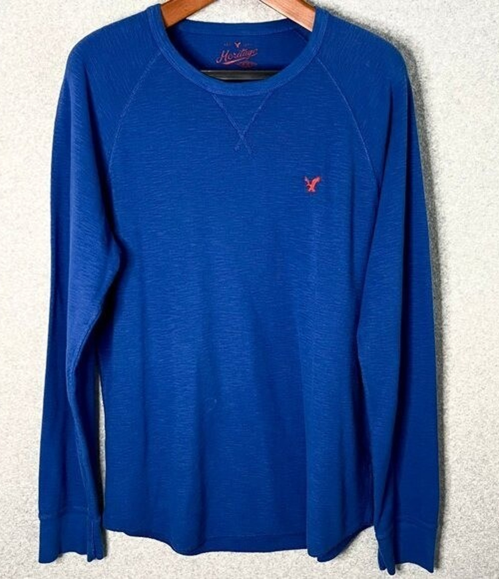 American Eagle Heritage Thermal Waffle Knit Shirt Men XL Blue Long Sleeve Cotton